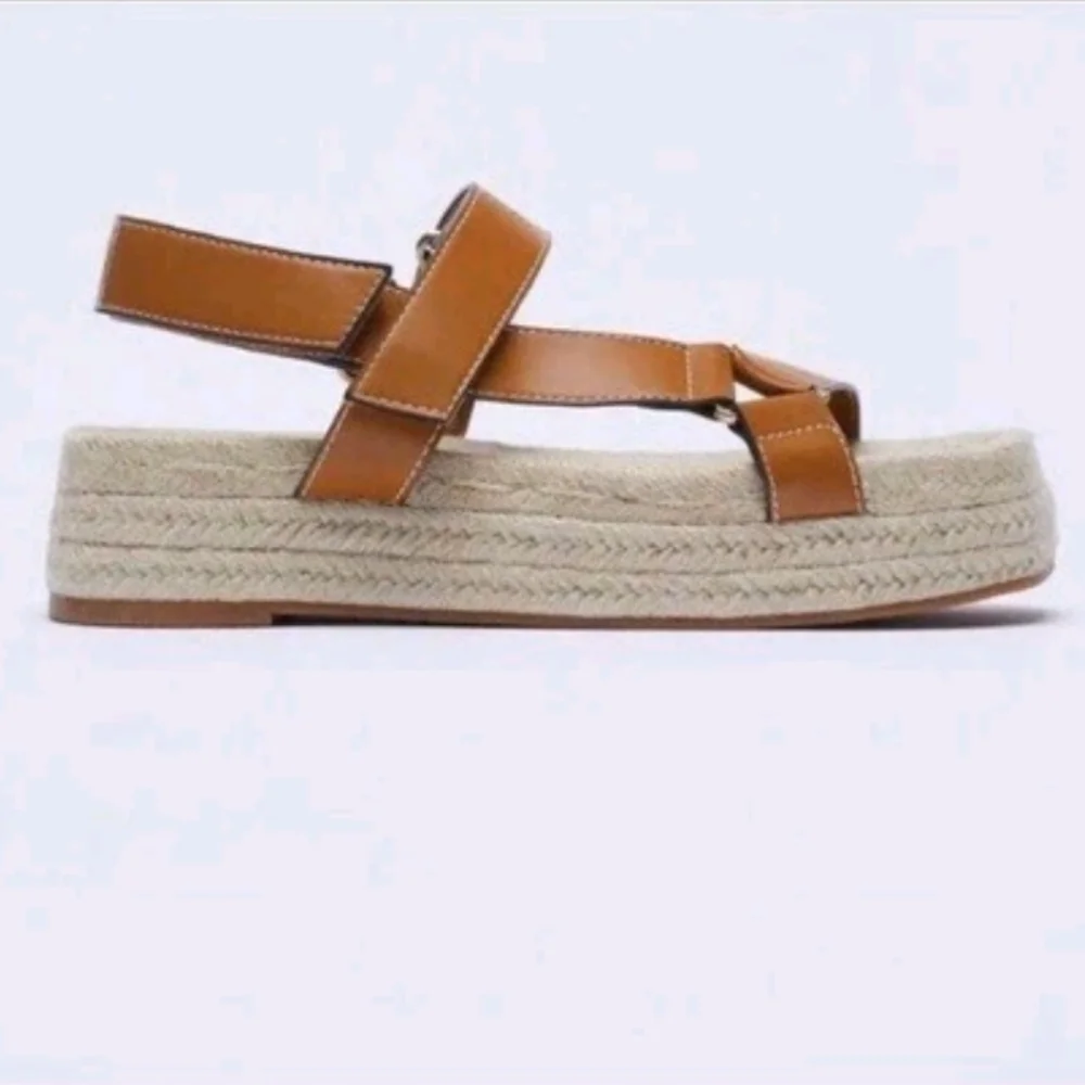 ZARA Women's Tan Jute Faux Leather Slingback Strappy Platform Sandals Brown 39 - Picture 3 of 13